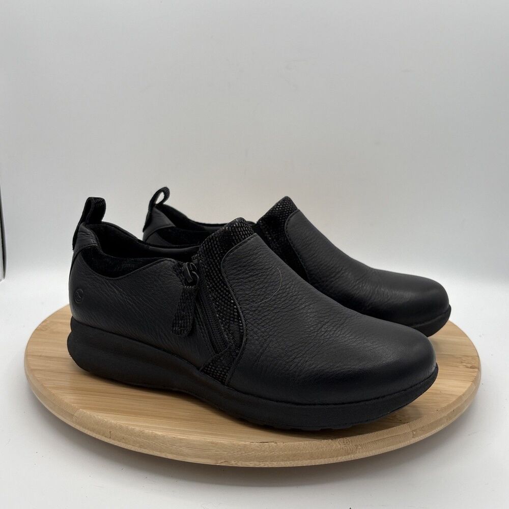Clarks Unstructured Shoes Womens 6W  Un Adorn Zip Casual Wedge Loafers Black